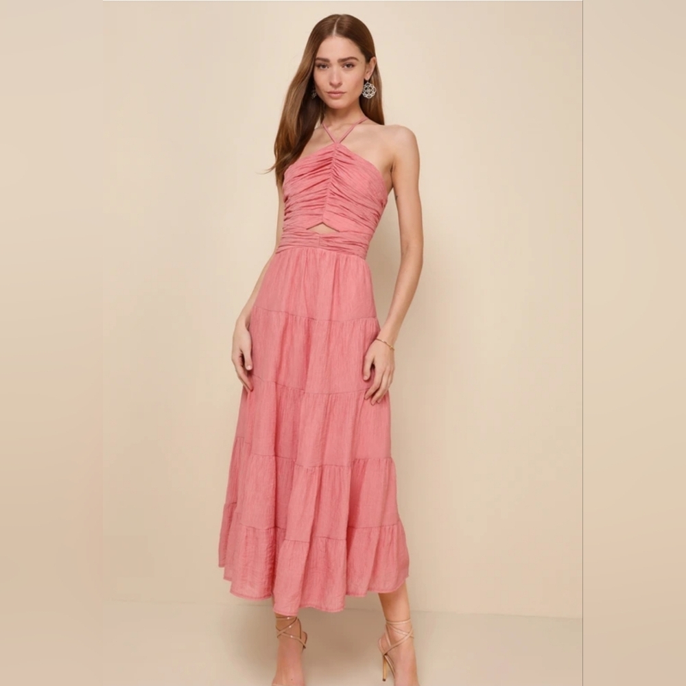 Sweetness Rusty Rose Ruched Lace Up Midi Dress Size Large